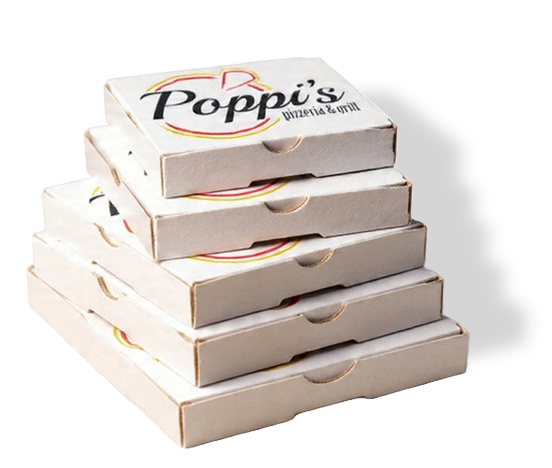 A stack of Poppi’s takeaway pizza boxes